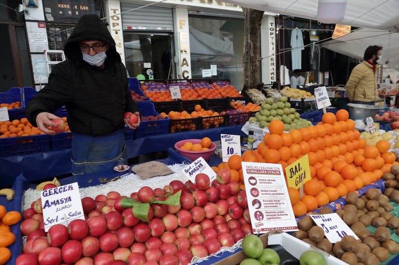 &copy; Reuters. FILE PHOTO: Seref Geyik, a 53-year old seller, waits for customers at his stall at a local market in Fatih district in Istanbul, Turkey January 13, 2021. REUTERS/Murad Sezer