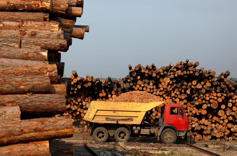 &copy; Reuters. A truck drives past stacks of logs at a wood processing plant of the "Yeniseyskaya Splavnaya Kontora" log driving company in the Siberian village of Strelka, Krasnoyarsk region, Russia August 3, 2019. Picture taken August 3, 2019. REUTERS/Ilya Naymushin