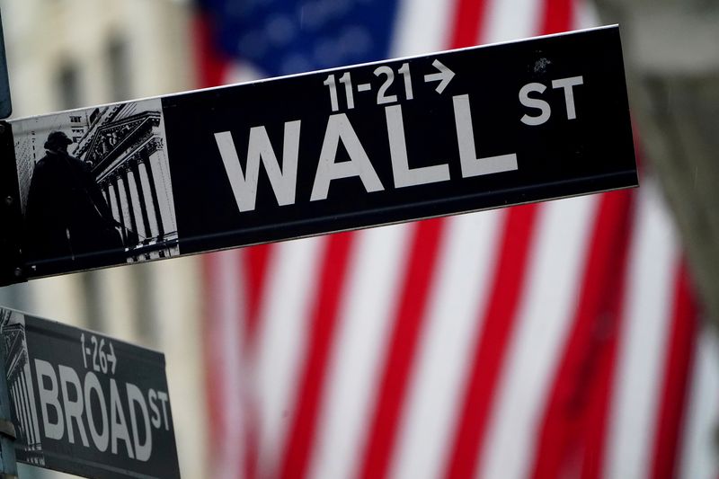 &copy; Reuters. FILE PHOTO: A Wall Street sign outside the New York Stock Exchange in New York City, New York, U.S., October 2, 2020. REUTERS/Carlo Allegri