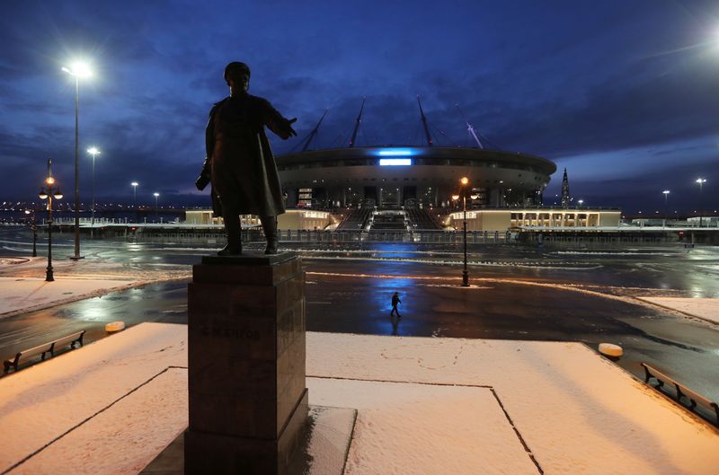 &copy; Reuters. A view shows a monument to Soviet politician Sergei Kirov in front of the Gazprom Arena stadium in Saint Petersburg, Russia October 29, 2019. REUTERS/Anton Vaganov