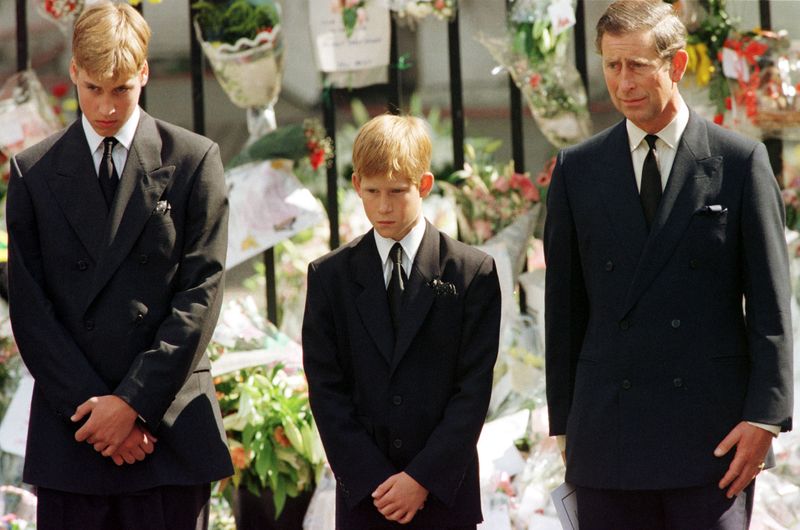 &copy; Reuters. الأمير البريطاني هاري (في المنتصف) وشقيقه الأمير وليام ووالدهما الأمير تشارلز في جنازة والدتهما الأميرة ديانا في لندن بصورة من أرشيف رويترز