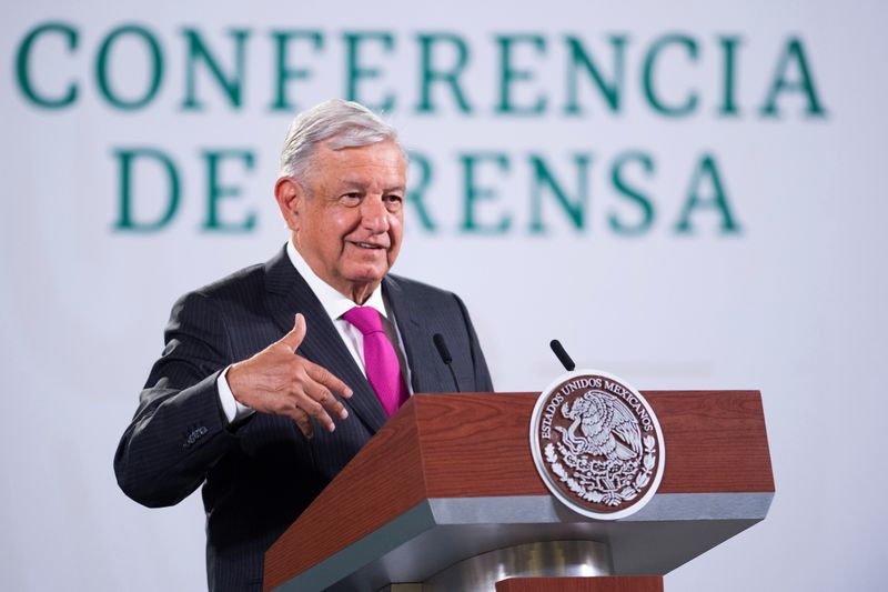 &copy; Reuters. FILE PHOTO: Mexican President Andres Manuel Lopez Obrador speaks during a news conference as he accepted a recommendation from the U.S. government to ensure there would be no fraud in union votes at workplaces in Mexico, when asked about U.S. concerns ove