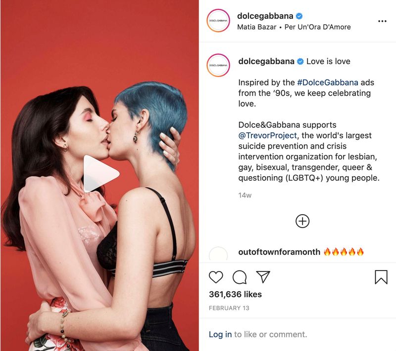 © Reuters. A screenshot taken on May 24, 2021 shows a Dolce & Gabbana displayed on Instagram depicting a same-sex couple kissing.  