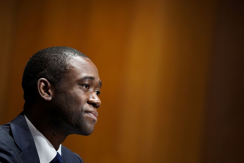 &copy; Reuters. FILE PHOTO: Economist Adewale "Wally" Adeyemo listens to questions during his Senate Finance Committee nomination hearing to be Deputy Secretary of the Treasury in the Dirksen Senate Office Building, in Washington, D.C., U.S., February 23, 2021. Greg Nash