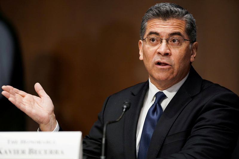 &copy; Reuters. FILE PHOTO: Xavier Becerra, nominee for Secretary of Health and Human Services, answers questions during his Senate Finance Committee nomination hearing on Capitol Hill in Washington, DC, U.S., February 24, 2021. Greg Nash/Pool via REUTERS/File Photo