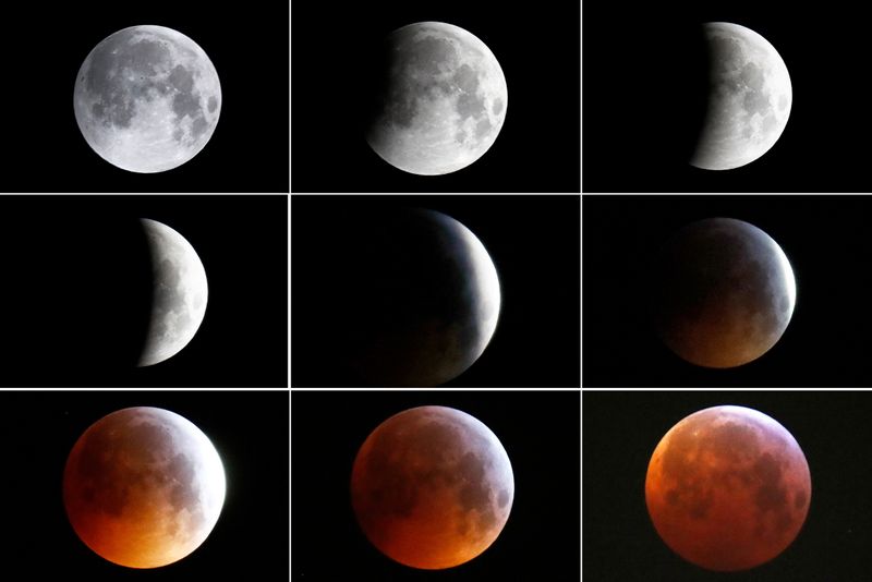 &copy; Reuters. FILE PHOTO: A combination of nine pictures shows the full moon turning into the "Super Blood Wolf Moon" during a total lunar eclipse in Frankfurt, Germany, January 21, 2019. REUTERS/Kai Pfaffenbach/File Photo
