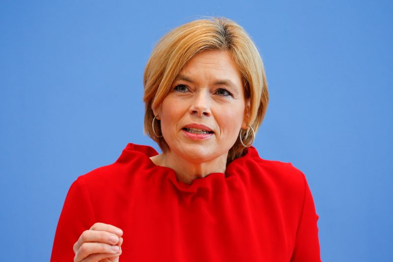 &copy; Reuters. FILE PHOTO: German Agriculture Minister Julia Kloeckner speaks during a news conference with Interior Minister Horst Seehofer and Minister for Family Affairs, Senior Citizens, Women and Youth Franziska Giffey (not seen) in Berlin, Germany, April 28, 2021.
